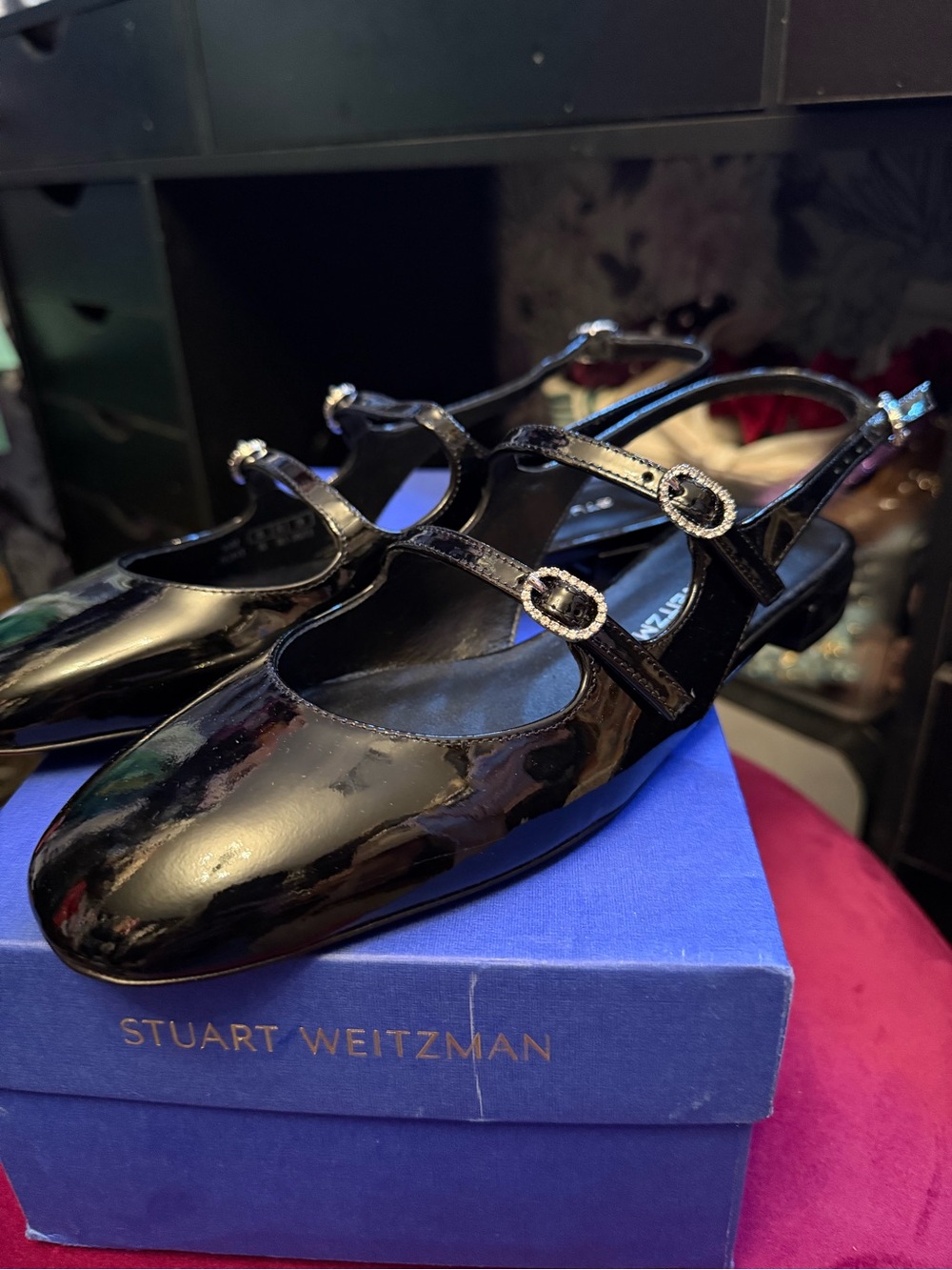 Stuart Weitzman Black Patent Mary Jane Sling Flats with Crystal Buckles